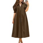 LinkMejor Women Vintage Fashion Solid Casual V-Neck Short Sleeve Dress Loose Fit with Side Pockets