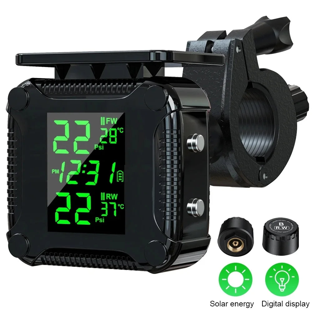 Solar Charging TPMS Motorcycle Tire Pressure System Tyre Temperature Alarm LED Display IP67 Waterproof