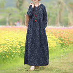 LinkMejor Women Floral Print O-Neck Long Sleeve Bohemian Holiday Maxi Dress With Pocket