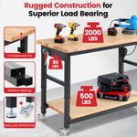 LinkMejor Adjustable Height Workbench 60 Inch 2000 Lbs Capacity Rubberwood Top Storage Shelf Dual Pegboards Built-In Power Strip H-Frame Garage Work Table