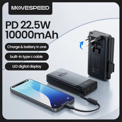 MOVESPEED MSP17-EU PD22.5W 38.5Wh 10000mAh Foldable Plug-in Power Bank with Integrated Type-C Cable Smart Power Display External Battery Power Supply with 2 Inputs & 3 Outputs Support PD Fast Charging for iPhone 17 17 Pro 16  for Huawei Mate 70