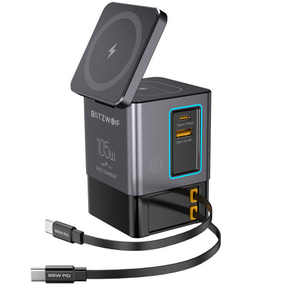 [GaN Tech]LinkMejor BW-i116 Max 105W 6-in-1 Power Combo Desktop Charger Station with Built-in Dual Telescopic Type-C Cable + USB-A+USB-C + 2-in-1 Wireless Charger for Smart Phones for iPhone 16 16 Pro 15 14