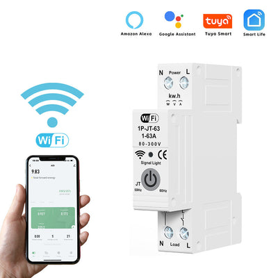 Smart WiFi Circuit Breaker Meter, Rated Voltage AC230 Protection Against Overload Lightnin Overcurrent Self-Recovery Supports Tuya App & Smart Life and Voice Control Easy Installation