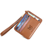 LinkMejor Men's Genuine Leather Credit Card Holder Mini RFID Protection Card Bag Thin Coin Purse with Rope