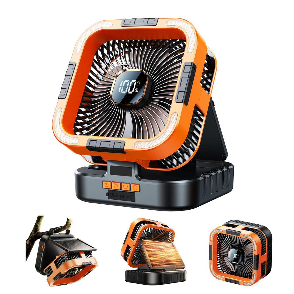 Xmund Solar Camping Fan 10000mAh Power Bank USB C Charging 6 Speeds LED Lantern Portable Outdoor Fan with Timer for Camping