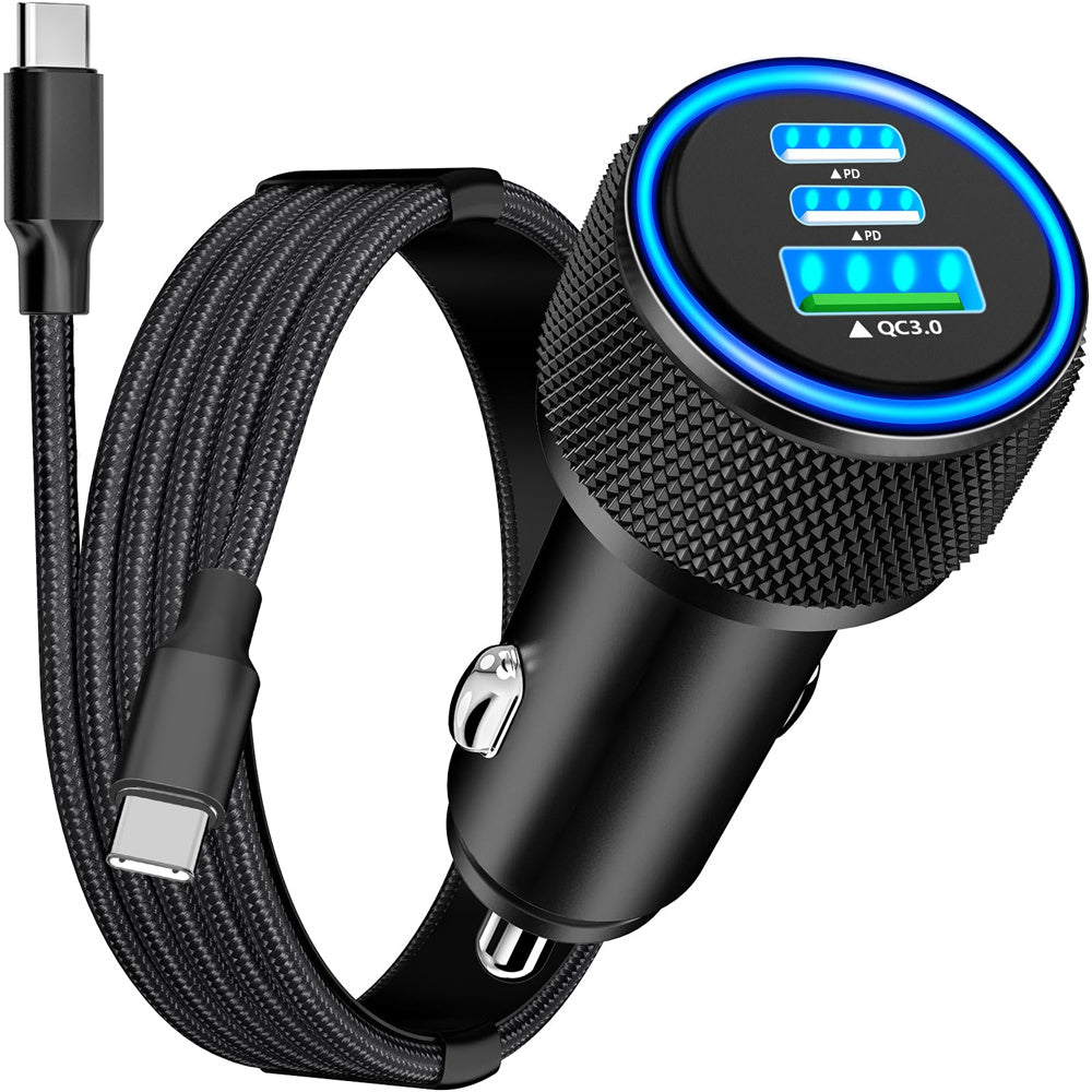 67W 3-Port USB PD Car Charger Adapter USB-A+2USB-C PD3.0/2.0 QC4.0+/03.0/2.0 Support PPS FCP AFC DCP BC1.2 Fast Charging with Blue LED for iPhone 16 16 Pro 15 14 13 Pro Max for Huawei Pura X for Xiaomi 15pro for Samsung Galaxy S25 Ultra