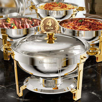Warmounts Chafing Dish Buffet Set, 5QT 4/6 Pack Gold Accent Stainless Steel Chafers and Buffet Warmers Sets with Lid & Lid Holder for Parties Catering Events Weddings Banquets