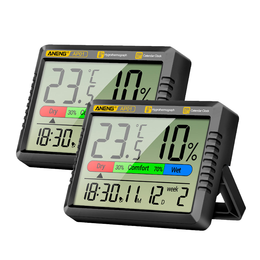 2PCS ANENG AP01 Hygrometer Clock Calendar Snooze Mode LCD Display Temperature Range -10~50°C Humidity Range 10~99% Hourly Reminder Battery Operated for Home Office