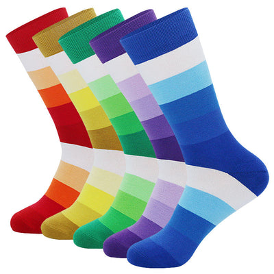 5Pairs Men's Striped Colorblock Dress Socks, Comfortable Funny Novelty Crew Socks Plus Size, Sweat Absorption Anti-friction Long Cotton Socks