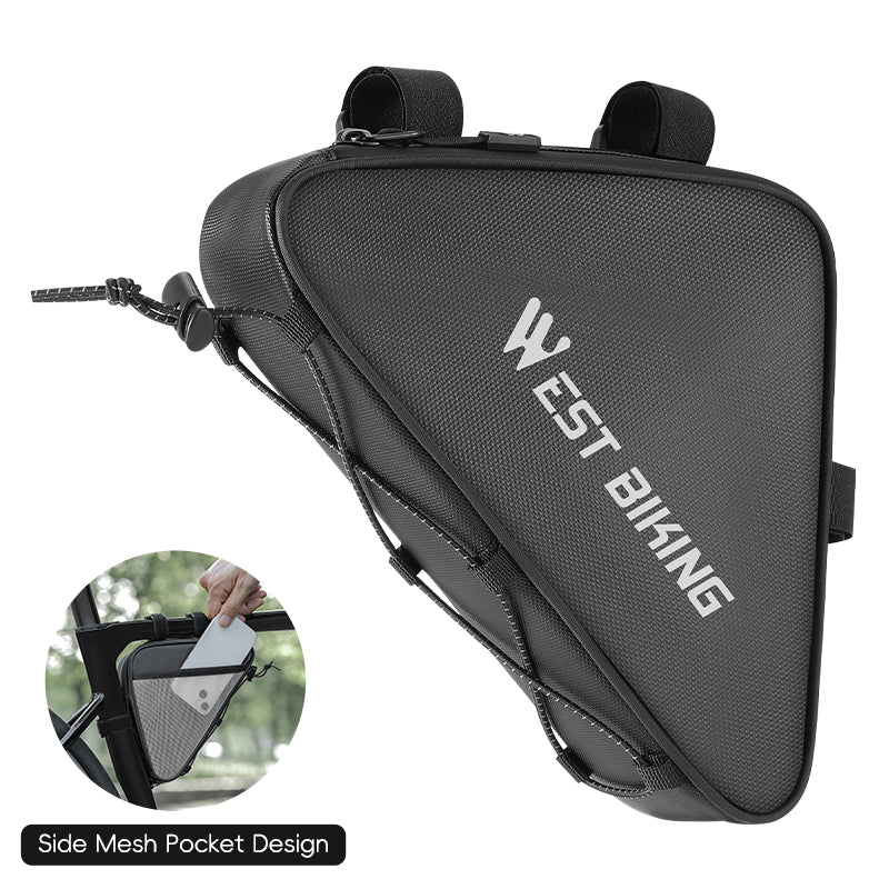 WEST BIKING 0.6L Bicycle Front Frame Triangle Bag With Mesh Pouch MTB Road Bike Waterproof Bottom Tube Bag Elastic Luggage Straps For Storage