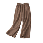 LinkMejor Women Cotton Elastic Waist Solid Color Long Pants Casual Loose Straight Trousers