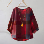 LinkMejor Women Retro Casual 3/4 Sleeve O Neck Shirt Top Plaid Loose Summer Ladylike Blouses