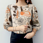 LinkMejor Women OL Work Elegant Blouses ShirtCrew Neck 3/4 Sleeve Printed Elegant Ladylike Tops Shirt