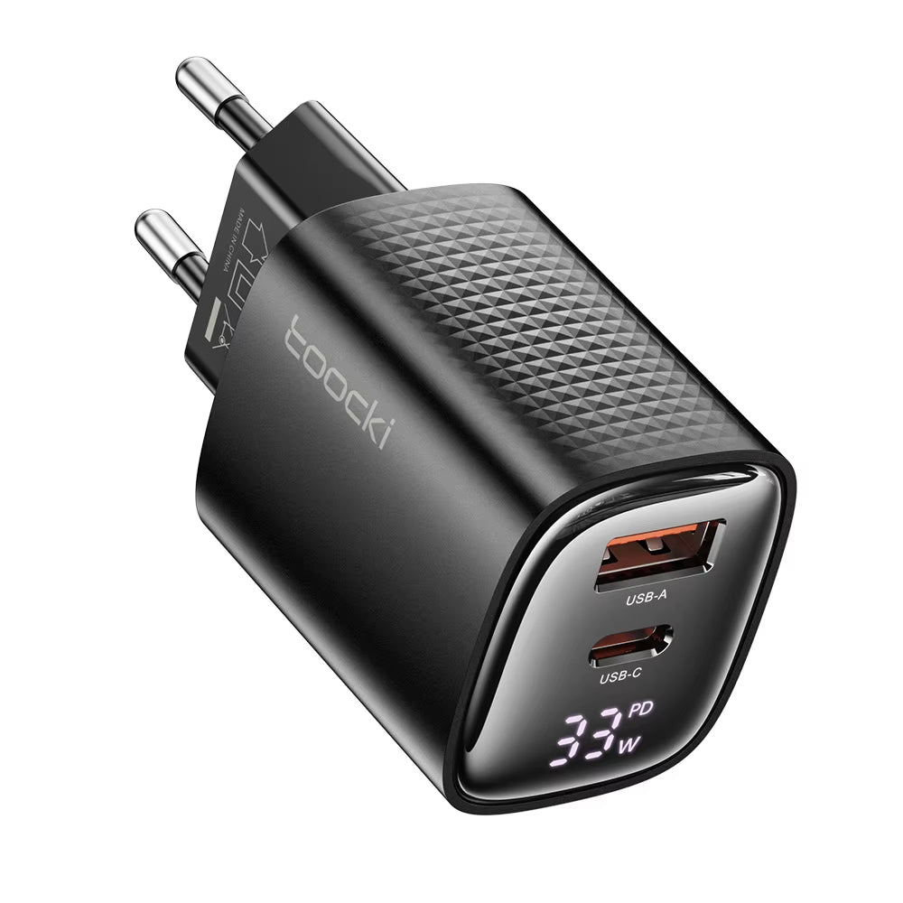[GaN Tech] LinkMejor TCT33-22EU 33W 2-Port USB PD Charger USB-A+USB-C PD3.0 QC3.0 Fast Charging Digital Display Wall Charger Adapter EU Plug for iPhone 16 Pro 15 14 Pro Max 13 12 for Huawei Pura X for Samsung Galaxy S25 Ultra