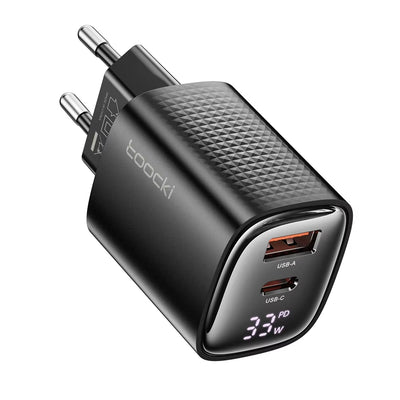 [GaN Tech] LinkMejor TCT33-22EU 33W 2-Port USB PD Charger USB-A+USB-C PD3.0 QC3.0 Fast Charging Digital Display Wall Charger Adapter EU Plug for iPhone 16 Pro 15 14 Pro Max 13 12 for Huawei Pura X for Samsung Galaxy S25 Ultra