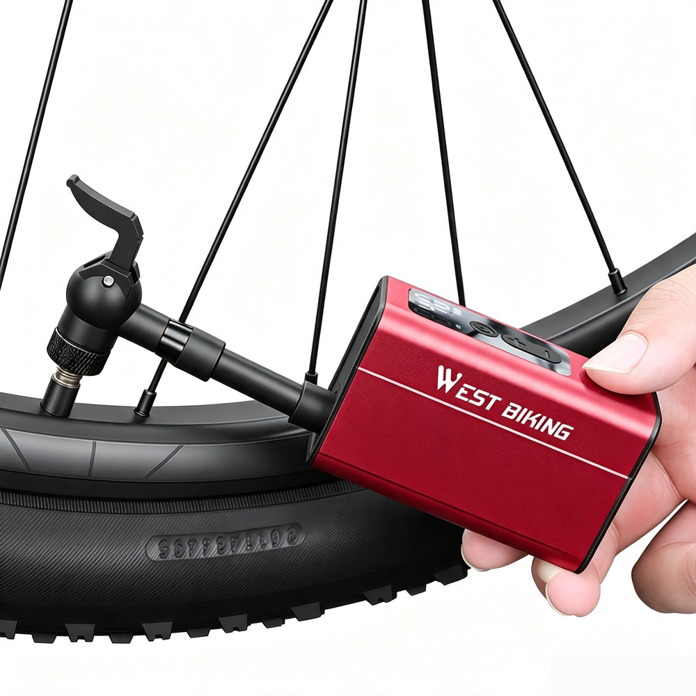 WEST BIKING Mini Electric Bike Pump 4-in-1 Click Valve,  120PSI Portable Air Compressor,  Auto-stop & LED Display, MTB Road Tire Inflation