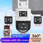 5 Lens Panoramic Surveillance Camera 20x Optical Zoom 360° PTZ 200W Pixel WiFi Camera Color Night Vision AI Human Detection 2-Way Audio Cameras for Home Security