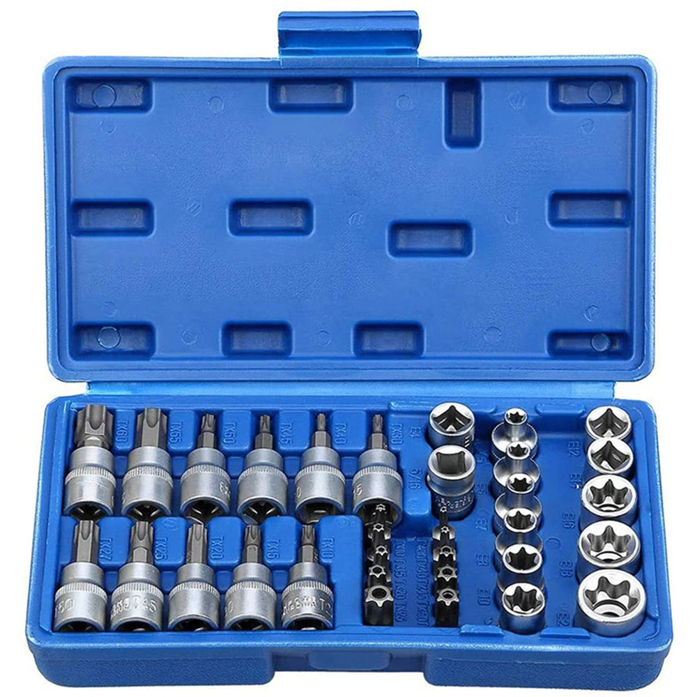 34PCS Torx Bit Socket and E-Torx Star Socket Set 1/4 3/8 1/2 Drive Chrome Vanadium Steel with Storage Case for Automotive and Repair
