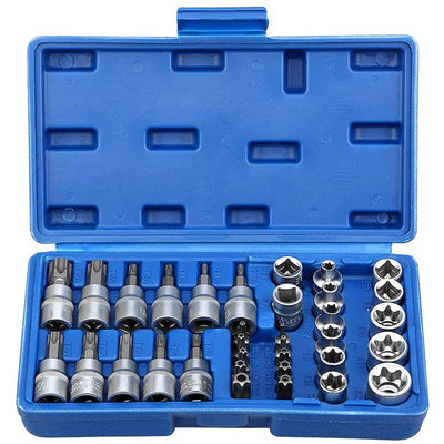 34PCS Torx Bit Socket and E-Torx Star Socket Set 1/4 3/8 1/2 Drive Chrome Vanadium Steel with Storage Case for Automotive and Repair