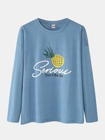 Women Cartoon Fruit Print O-Neck Loose Pants Cotton Comfy Plus Size Home Pajamas Sets