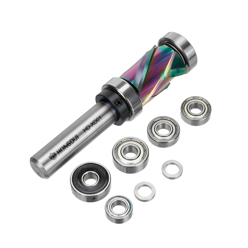 LinkMejor Flush Trim Router Bit 1/2 inch Shank 7/8 inch Cutting Diameter Compression Spiral Top & Bottom Bearing Spiral Router Bit Set DLC ta-C coated Double Bearings Pattern Bit For Woodworking