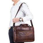 LinkMejor 14 inch Laptop Men's Genuine Leather Briefcase Office Business Large Capacity Handbag with Strap