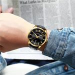 LinkMejor Simple Business Men Quartz Watch Comfortable Leather Strap Waterproof Auto Date Wristwatch