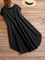 LinkMejor Plus Size Women Mid Long Dress Solid Pocket Short Sleeve Round Neck Cotton Casual Beach Midi Dress