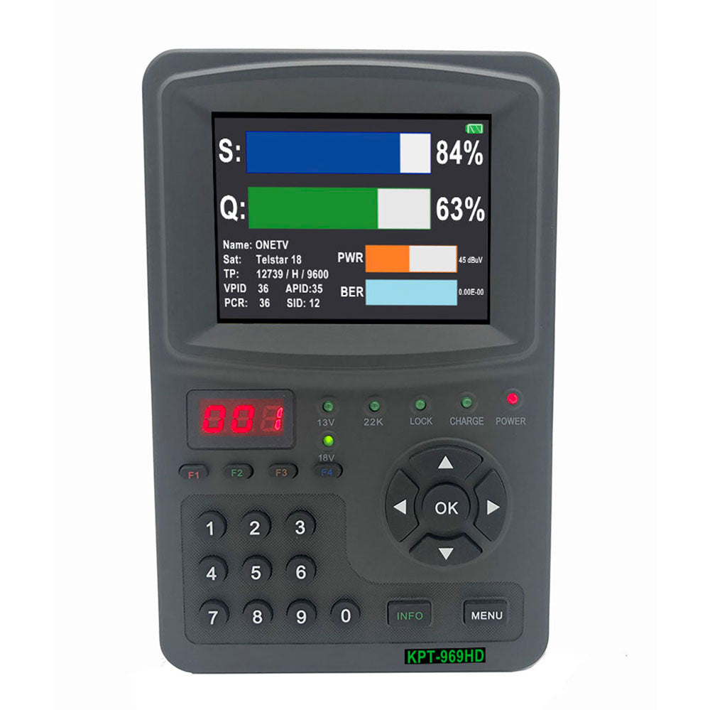 KPT-969HD Satellit Finder Meter With Spectrum Analyzer 3.5 Inch LCD DVB-S/S2 H.265 Receiver Portable Sat Finder Monitor With TV AV Input