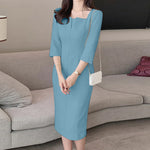LinkMejor Womens Party Daily 7/8 Sleeve Small V-neck Design Slim Segmented Dress Solid Color Elegant Midi Dress