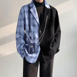 LinkMejor Mens Plaid Patchwork Long Sleeve Blazer Two-tone Stylish Casual Suit Outwear for Spring Fall
