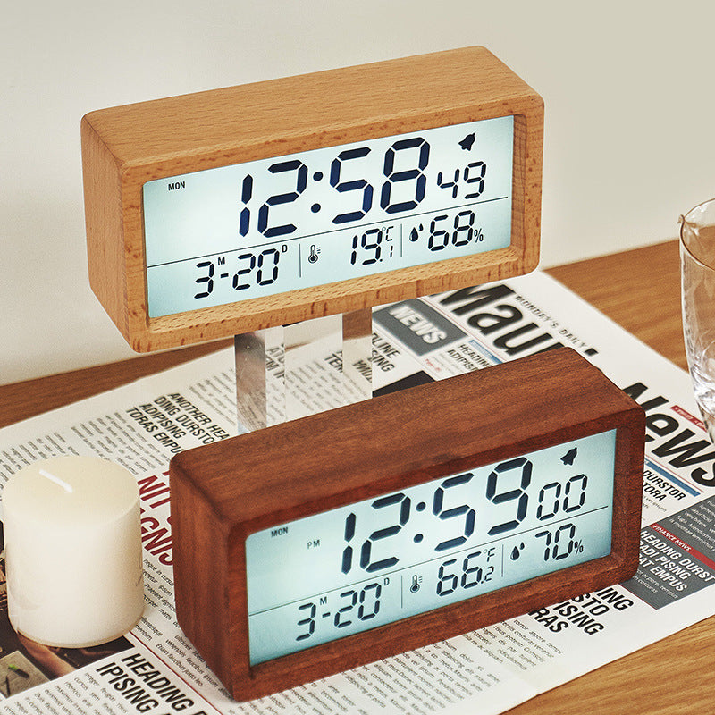 LinkMejor Wooden Digital Alarm Clock Multifunctional Large Screen Date Temperature Humidity Backlight 12/24 Hour Snooze Table Clock