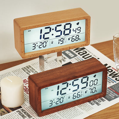 LinkMejor Wooden Digital Alarm Clock Multifunctional Large Screen Date Temperature Humidity Backlight 12/24 Hour Snooze Table Clock