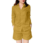 LinkMejor Women's 2pcs Suits Vintage Casual Long Sleeve Lapel Shirt Elastic Waist A-Line Shorts Cotton Linen Sets
