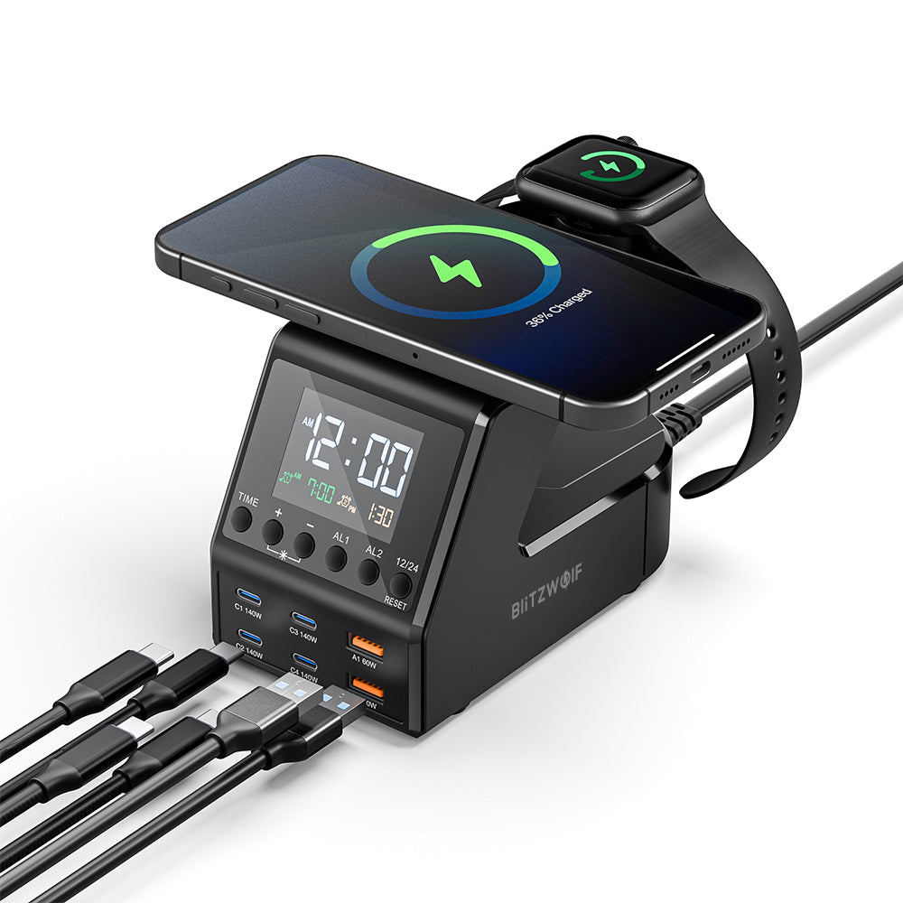 [GaN]LinkMejor BW-FW10 240W 10-in-1 Wireless Alarm Clock Charger 2USB-A+4USB-C PD3.1/3.0 QC4.0/3.0/2.0 PPS AFC SCP FCP Fast Charging Desktop Charging Station with Time Display and 2 Alarm Clocks EU Plug for iPhone 16 for Samsung for iPad  for Apple Watch