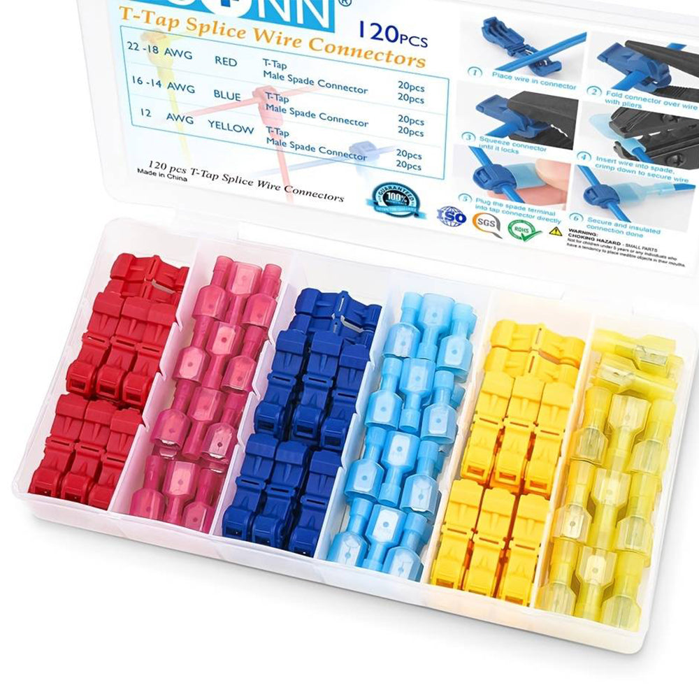 120pcs T-Tap Wire Connectors Self-Stripping Quick Splice Electrical Wire Terminals Insulated Male Quick Disconnect Spade Terminals Assortment Kit with Storage Case