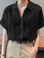 LinkMejor Women Cotton Linen Blouses Solid Button Lapel Roll Sleeve Short Sleeve Casual Shirt Plus Size