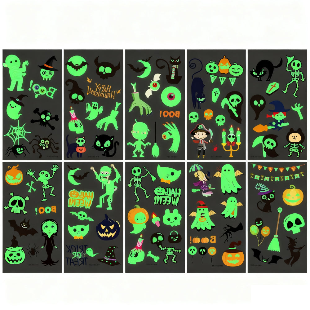 10-Sheet Glow in The Dark Halloween Tattoo Stickers Ghost Pumpkin Fluorescent Temporary Body Stickers for Halloween Nighttime Parties Carnival & Festive Events