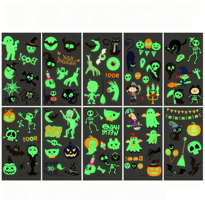 10-Sheet Glow in The Dark Halloween Tattoo Stickers Ghost Pumpkin Fluorescent Temporary Body Stickers for Halloween Nighttime Parties Carnival & Festive Events
