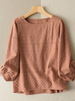 Lace Solid Long Sleeve Crew Neck Casual Blouse