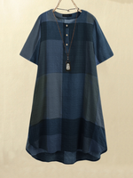 Women Vintage Plaid Print Button Front O-Neck Short Sleeve Loose Casual Shirt Dress With Pocket