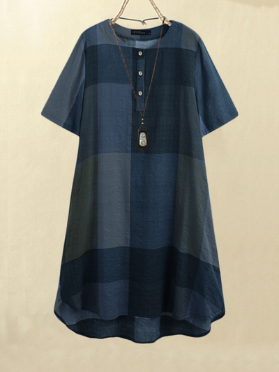 Women Vintage Plaid Print Button Front O-Neck Short Sleeve Loose Casual Shirt Dress With Pocket