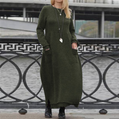 LinkMejor Women Long Sleeved Long Dress with Side Pockets Lace Patchwork Casual Long Maxi Dress for Spring Fall