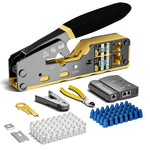 RJ45 Crimp Tool Kit Cat6 Cat5e Network Cable Tester Pass Through Connectors Wire Cutter Mini Stripper Strain Relief Boots 1000m Test Distance Crimping Cutting Stripping Tools