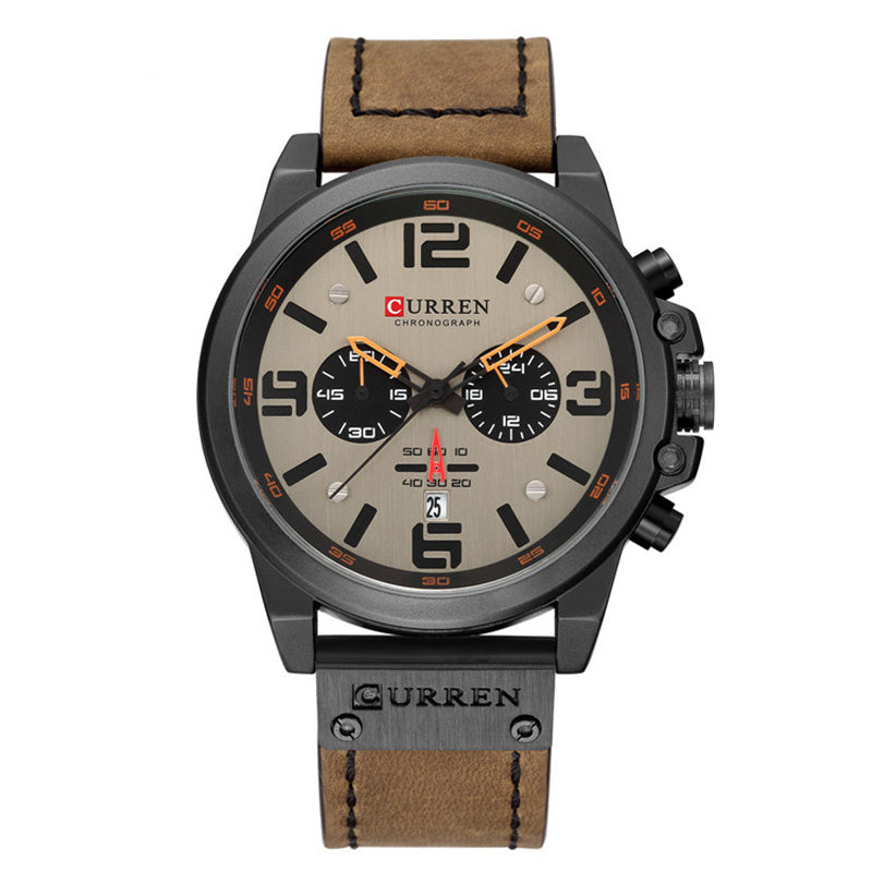 LinkMejor Men Sport Watch Leather Strap Quartz Watch 30M Waterproof Male Wrist Watch Multi-function Chronograph Watch