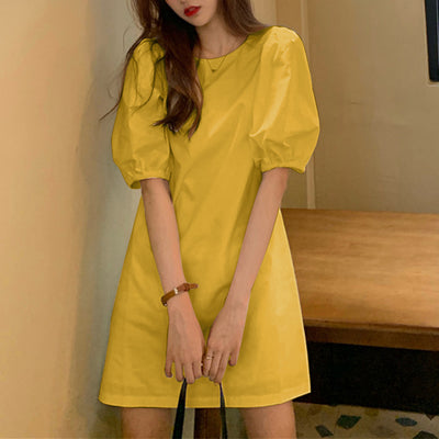 LinkMejor Womens Casual Round Neck Shirt Dress Puff Sleeve Short Dress A Line Solid Tunic Mini Dresses Plus Size