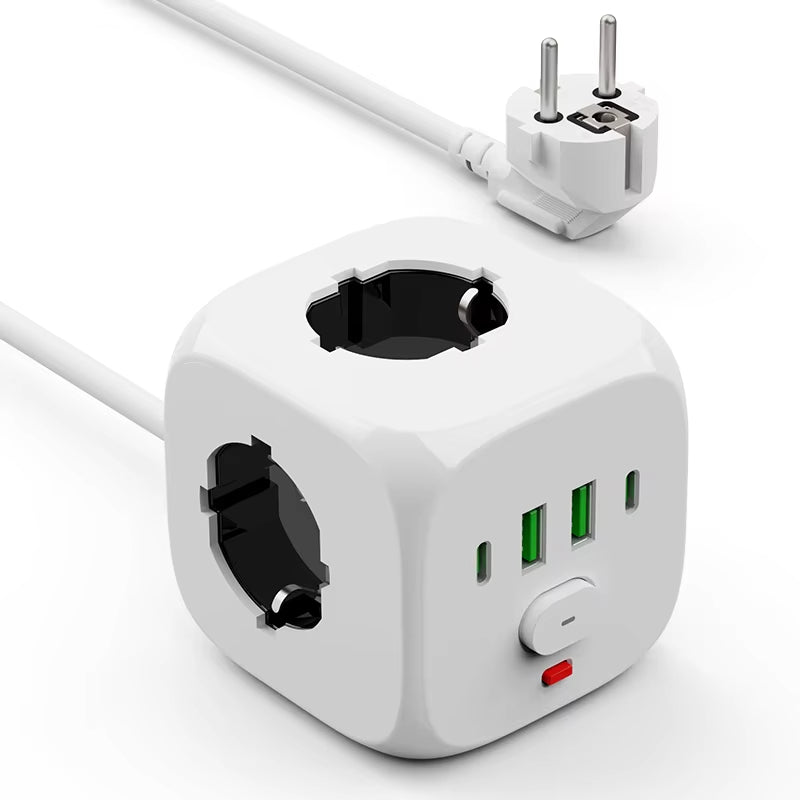 C13 Power Strip Wall Socket Extender with 2 Meter Extension Line 3 AC Outlets 2 USB Ports And 2 Type-C 7-in-1 EU Plug Charger Switch