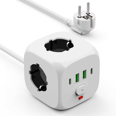 C13 Power Strip Wall Socket Extender with 2 Meter Extension Line 3 AC Outlets 2 USB Ports And 2 Type-C 7-in-1 EU Plug Charger Switch