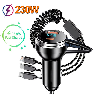 Car Charger 120W Fast Car USB Charger with Built-in Cable Digital Display Car Accessories Power Adapter for iPhone 15 14 13 Pro Max Galaxy S23 S22 Huawei P60