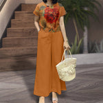 LinkMejor Women's 2pcs Suits Floral Short Sleeve O-Neck Top Elastic Waist Wide Leg Trousers Vintage Sets